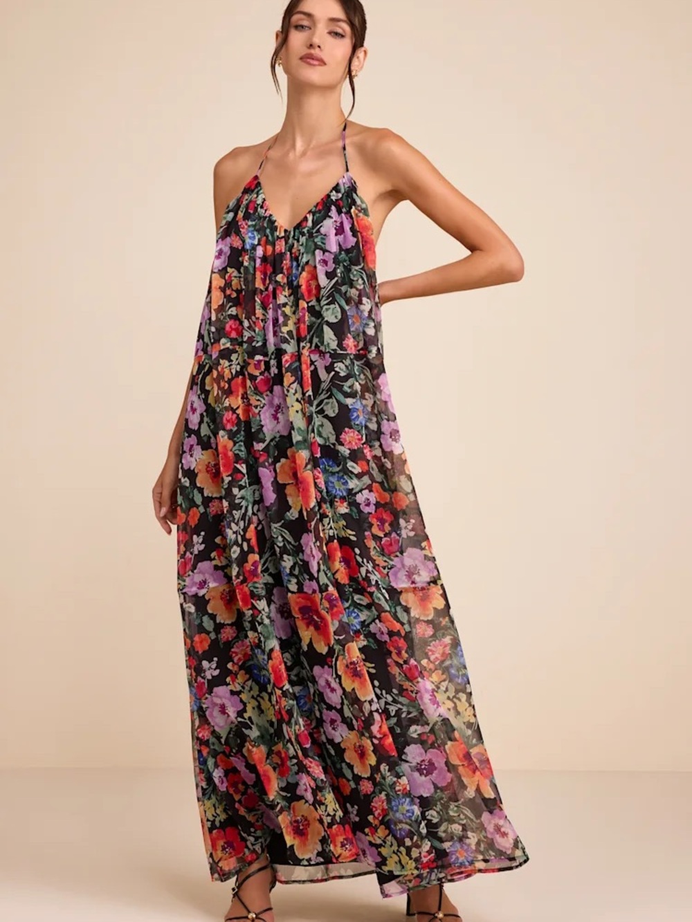 Lulus Floral Halter Maxi Dress in Black Floral